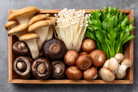 Healthy raw mixed mushrooms including enoki, oyster, shiitake, and brown button with celeryの素材
