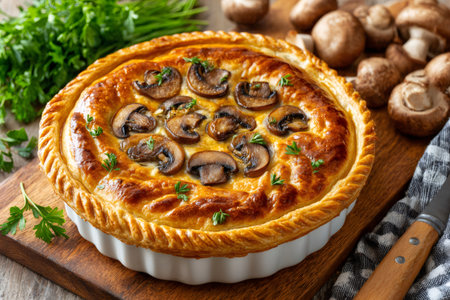 Mushroom pie featuring a golden puff pastry crust and fresh parsley garnish on a wooden boardの素材
