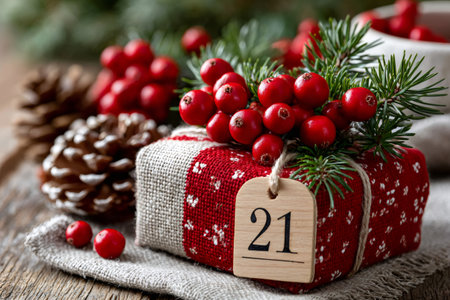 Festive gift box decorated with red berries and pine, perfect for Christmas countdownの素材