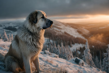 Large dog sitting in snow covering a mountain range during a golden sunsetの素材