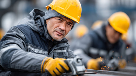 Mid adult man wearing safety hard hat and gloves, grinding metal at industrial siteの素材