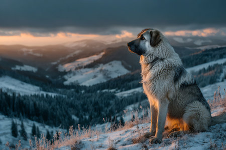 Large dog sitting on a snow covered hill, observing the cold morning landscapeの素材