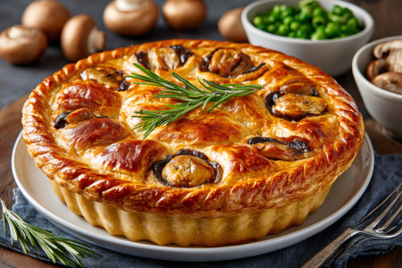 Golden baked puff pastry pie filled with mushrooms and herbs, ready for eatingの素材