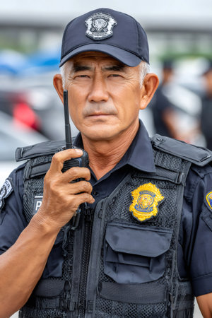 Asian security guard wearing uniform and cap, holding a walkie talkie while looking directlyの素材