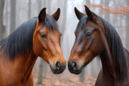 Two chestnut horses interacting in a mystical forest settingの素材