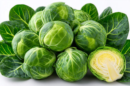 Heap of raw small cabbages with one cross section sliced, showing layersの素材