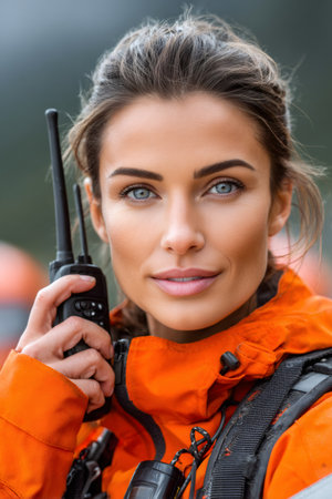Rescuer or volunteer communicating on a two way radio looking confidentの素材