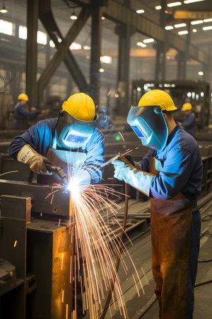 Welders wearing protective gear fabricating metal structure, generating bright sparksの素材