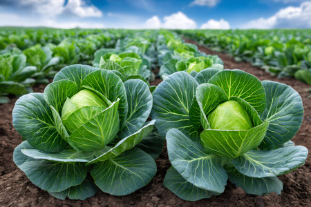 Fresh green cabbage plants thriving in rows on a cultivated agricultural fieldの素材