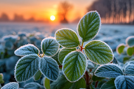 Frosty plant leaves catching the warm golden light of a cold winter sunriseの素材