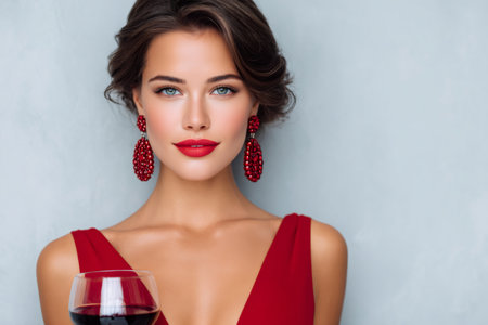 Woman posing elegantly, wearing a red dress, lipstick, and earrings, holding a glass of red wineの素材