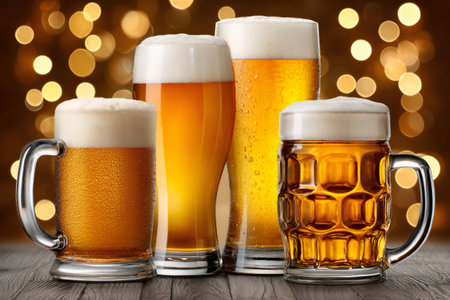 Glasses of cold beer standing on a wooden table with bokeh lights in the backgroundの素材