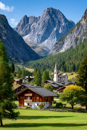 Alpine village houses and church nestled in a valley with majestic towering mountainsの素材