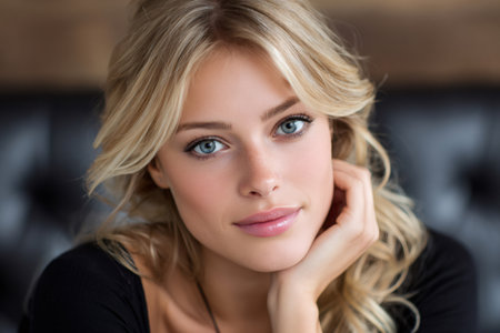 Young woman with blue eyes smiling slightly, looking directly at the cameraの素材