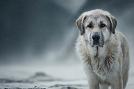 Dog enduring a snowstorm in a cold winter landscape, portraying resilience and solitudeの素材