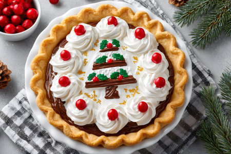 Chocolate pie with whipped cream and festive Christmas tree topping, serving a sweet holiday dessertの素材