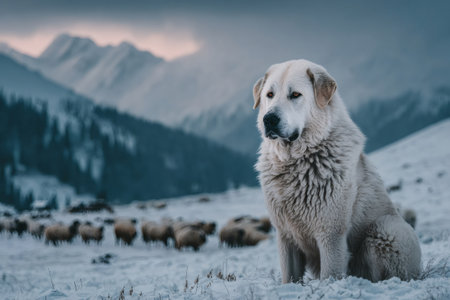Large white livestock guarding dog resting in a snowy winter mountain landscapeの素材