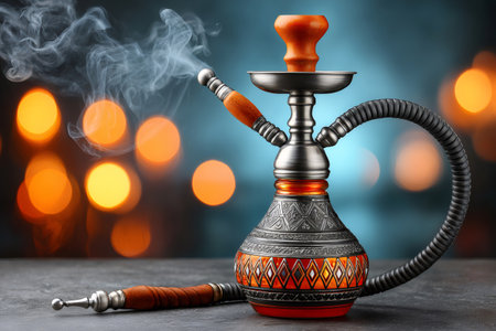 Hookah standing on a table, emitting smoke with warm bokeh lights in the backgroundの素材