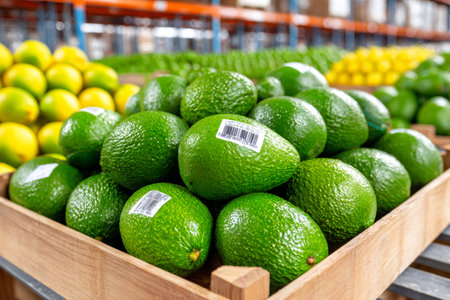 Avocados and other citrus fruits displayed in a warehouse for retail and wholesaleの素材