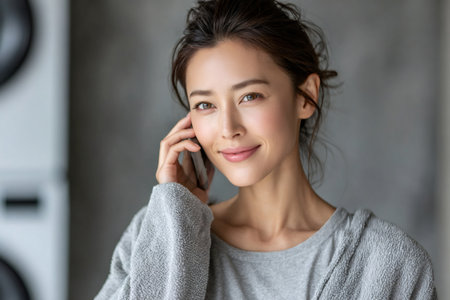 Asian woman talking on smartphone in everyday home settingの素材