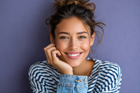 Happy woman portrait showing genuine smile and clear skin with frecklesの素材