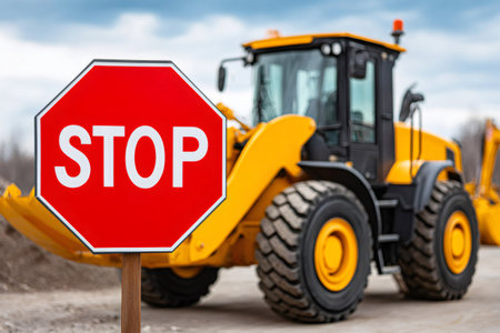Stop sign warning about ongoing road construction with a wheel loaderの素材