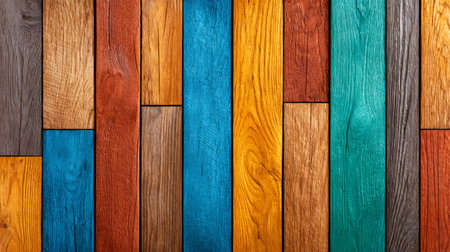 Wooden planks arranged as a colorful, rustic background displaying natural textureの素材