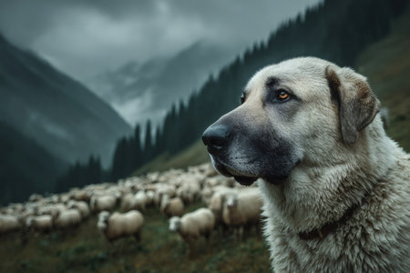 Shepherd dog attentively protecting his flock of sheep on a green mountain slopeの素材