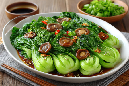 Bok choy with shiitake mushrooms, chili, and sesame seeds in soy sauceの素材