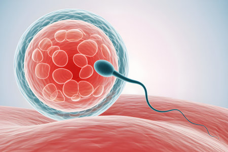 Sperm approaching and fertilizing a human egg cell, representing reproduction and early lifeの素材