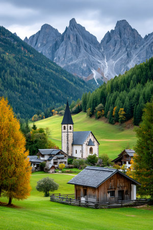 Santa Maddalena church standing in a mountain valley with autumn trees and alpine peaksの素材