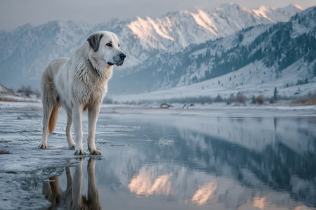 White dog standing on the icy shoreline of a cold lake with mountain reflectionsの素材