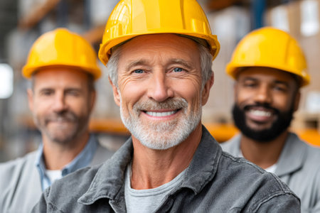 Construction team smiling for the camera in an industrial warehouse settingの素材