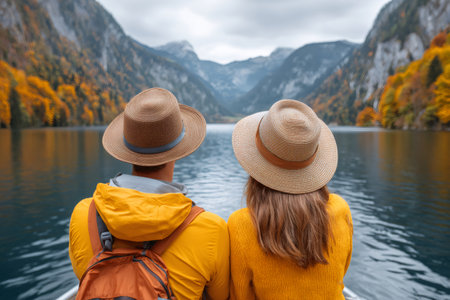 Couple enjoying scenic view of a mountain lake with colorful autumn treesの素材