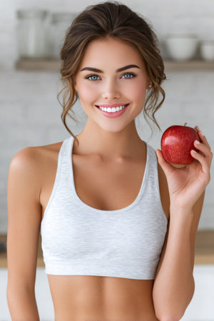 Woman wearing sports bra happily holding a fresh red apple, representing healthy eating and wellnessの素材