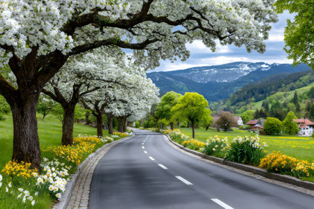 Country road winding through a vibrant spring landscape with blooming trees, flowers, and distant mountainsの素材
