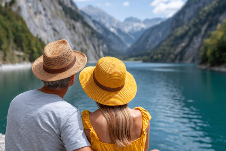 Couple wearing hats sitting by a beautiful turquoise lake surrounded by mountainsの素材
