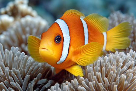 Clownfish finding shelter among a sea anemone on a tropical coral reefの素材