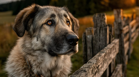 Large furry shepherd dog standing by a wooden fence with golden hour lightの素材