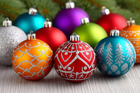 Many festive Christmas baubles displaying various colors and patterns for holiday celebrationの素材