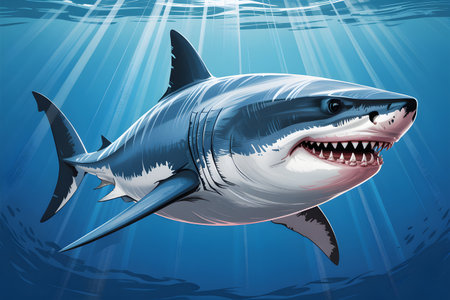 Great white shark swimming underwater, a powerful predator in its marine environmentの素材