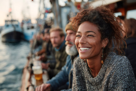Diverse group of friends enjoying a boat trip at the harbor, celebrating togethernessの素材