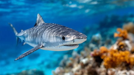 Tiger shark swimming in clear blue ocean water near colorful coral reefの素材