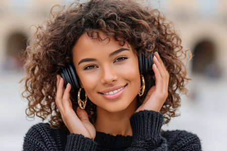 Young woman smiling while listening to music with headphones and curly hairの素材