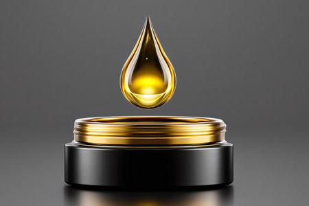 Golden oil drop hovering above an elegant black and gold cosmetic jarの素材