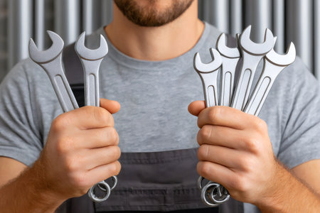 Service worker holding wrenches for repair and maintenanceの素材