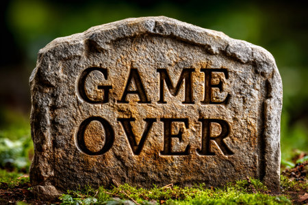 Stone gravestone displaying game over message, portraying concepts of ending, failure, and finalityの素材