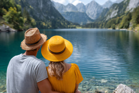 Couple enjoying scenic alpine lake view during summer vacationの素材