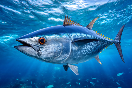 Bluefin tuna swimming in clear deep blue ocean water, showing its powerful body and finsの素材