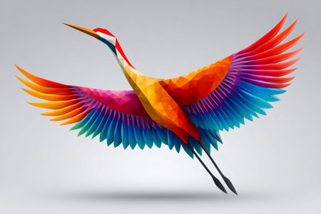 Abstract low poly crane with vibrant gradient feathers soaring against a light backgroundの素材